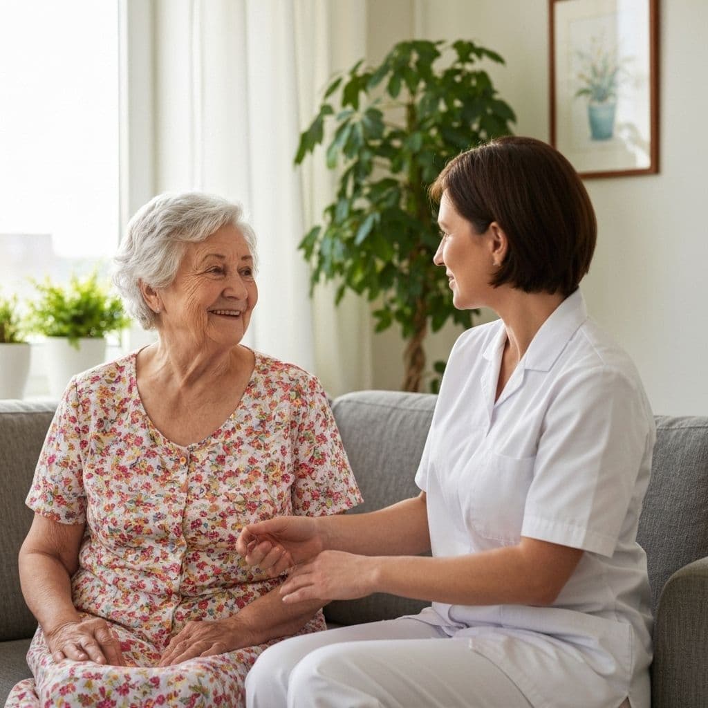 Caring nurse smiling with an elderly woman in a bright home setting